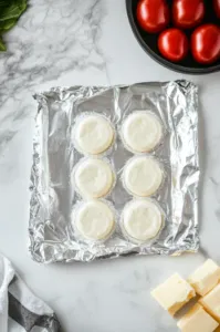 Top-down view of 5 Babybel cheeses being unwrapped on a piece of foil, with the wax removed and placed beside the cheese rounds on a white marble countertop.