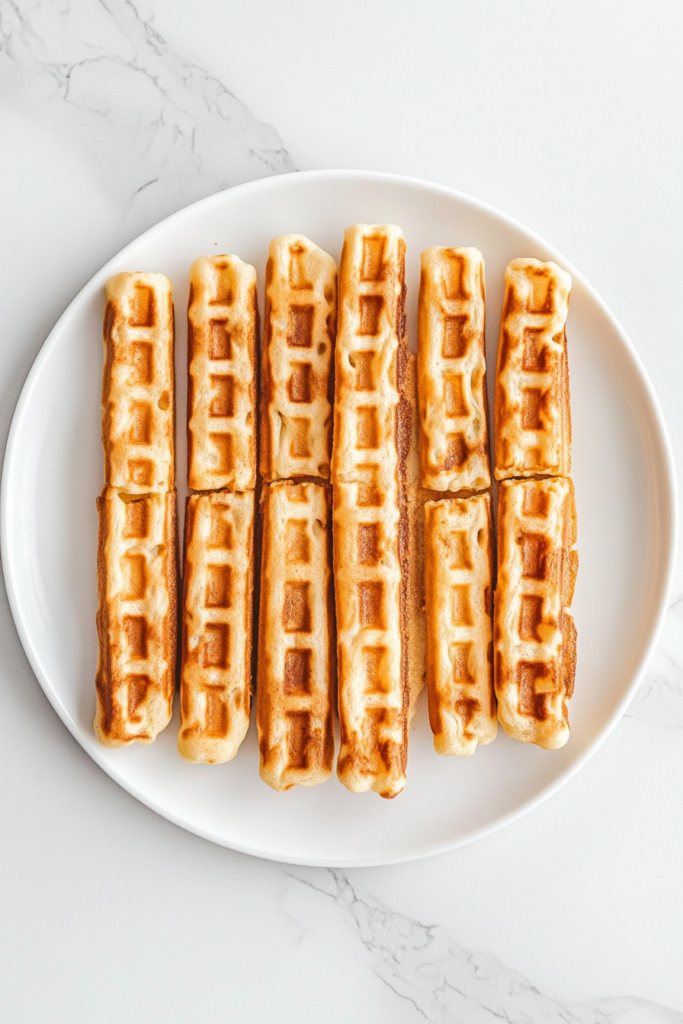  This image shows waffle sticks arranged on a plate, served with dipping sauces like maple syrup and garnished with fresh fruit like strawberries and blueberries. The waffle sticks are light and crispy, perfect for a fun breakfast or snack.