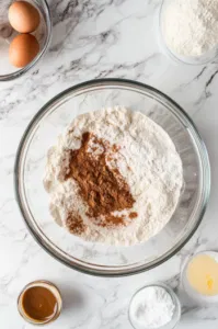 This image shows a large bowl with whisked flour, sugar, cinnamon, salt, and baking powder, ready to be combined with wet ingredients for donut batter.