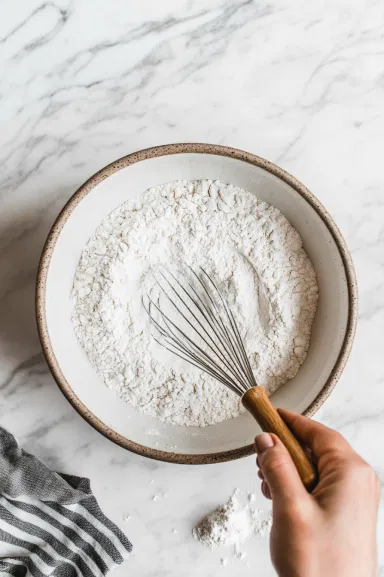 Top-down view of a bowl with 1 ½ cups all-purpose flour and 1 tsp baking powder being whisked together on a white marble countertop.