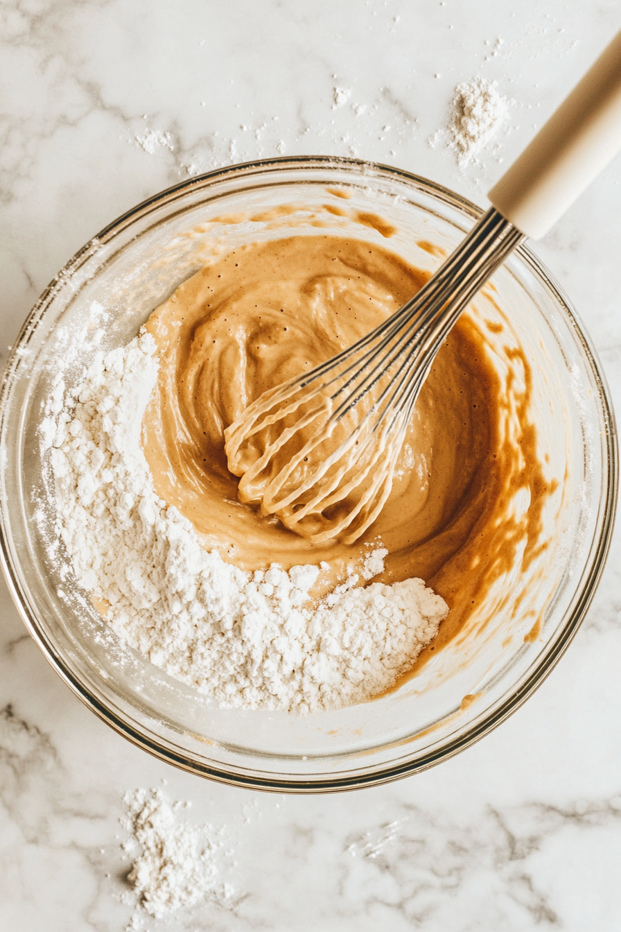 This image shows the batter being whisked together in a large bowl. The dry ingredients are fully incorporated with the wet, resulting in a smooth waffle batter, ready for pouring into the waffle stick pan.