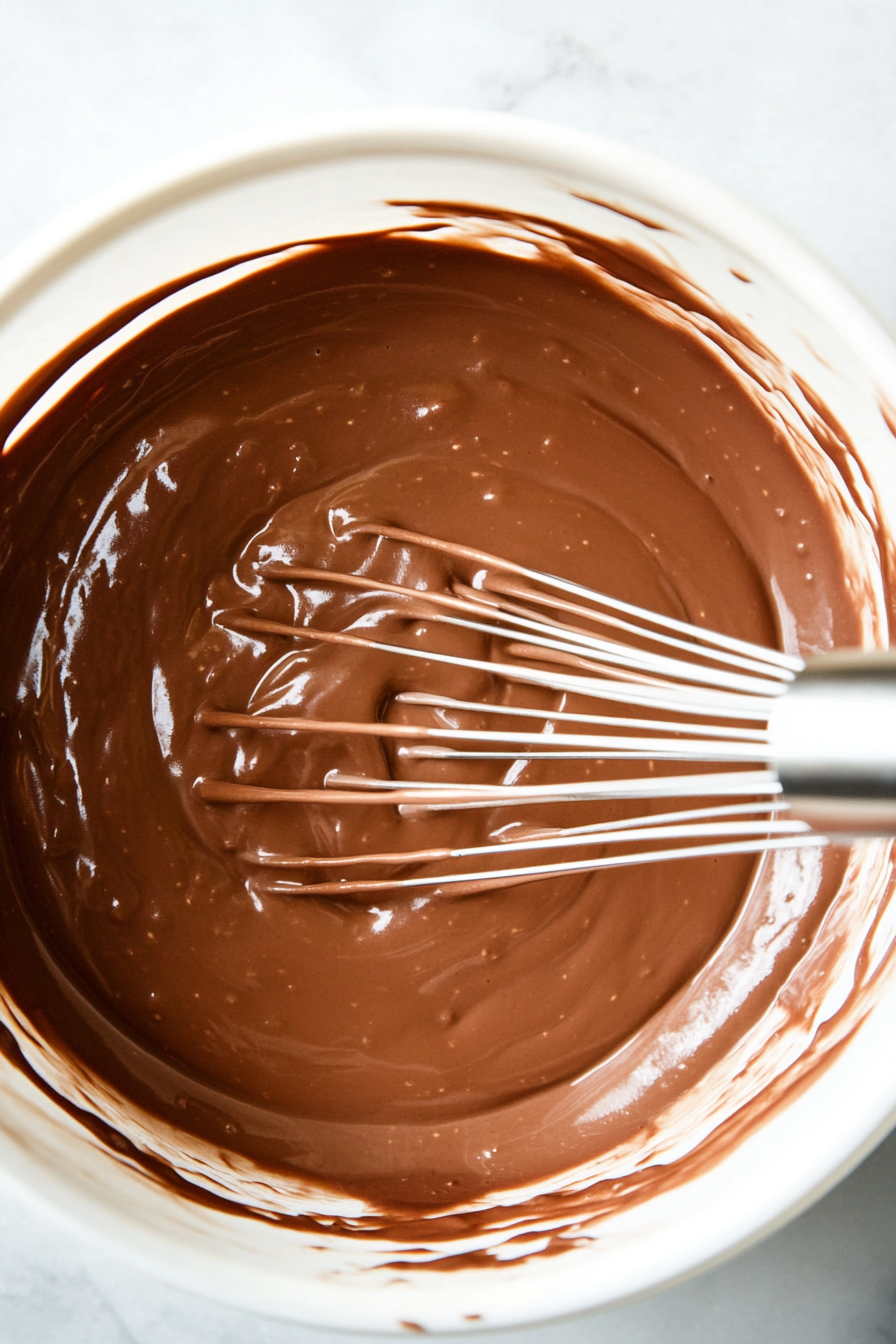 A top-down view of the mixing bowl as the pudding mixture is being whisked until it thickens. The milk, rum cream liqueur, and chocolate pudding mix have formed a smooth, thick consistency. The whisk is fully immersed in the thickened mixture, highlighting the rich, creamy texture of the dessert base.