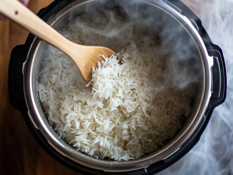 A top-down view of the cooked jasmine rice inside the Instant Pot. A fork is being used to gently fluff the rice, showcasing the tender, perfectly cooked grains ready for serving.