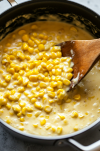 Top-down view of a saucepan as cooked and drained corn is stirred into the creamy sauce with a spatula. The golden corn is evenly coated in the rich, smooth sauce, combining into a creamy mixture.