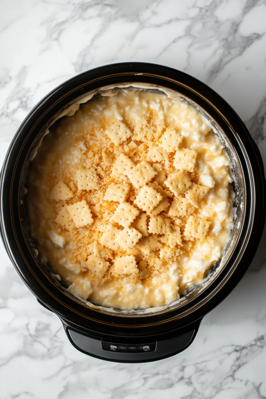 A top-down view of the slow cooker on a white marble cooktop background. The mixture inside the slow cooker has been thoroughly stirred, and crushed cheese-flavored crackers are being sprinkled over the top before being stirred into the mixture. The scene highlights the combination of the crunchy cracker topping with the creamy mixture.