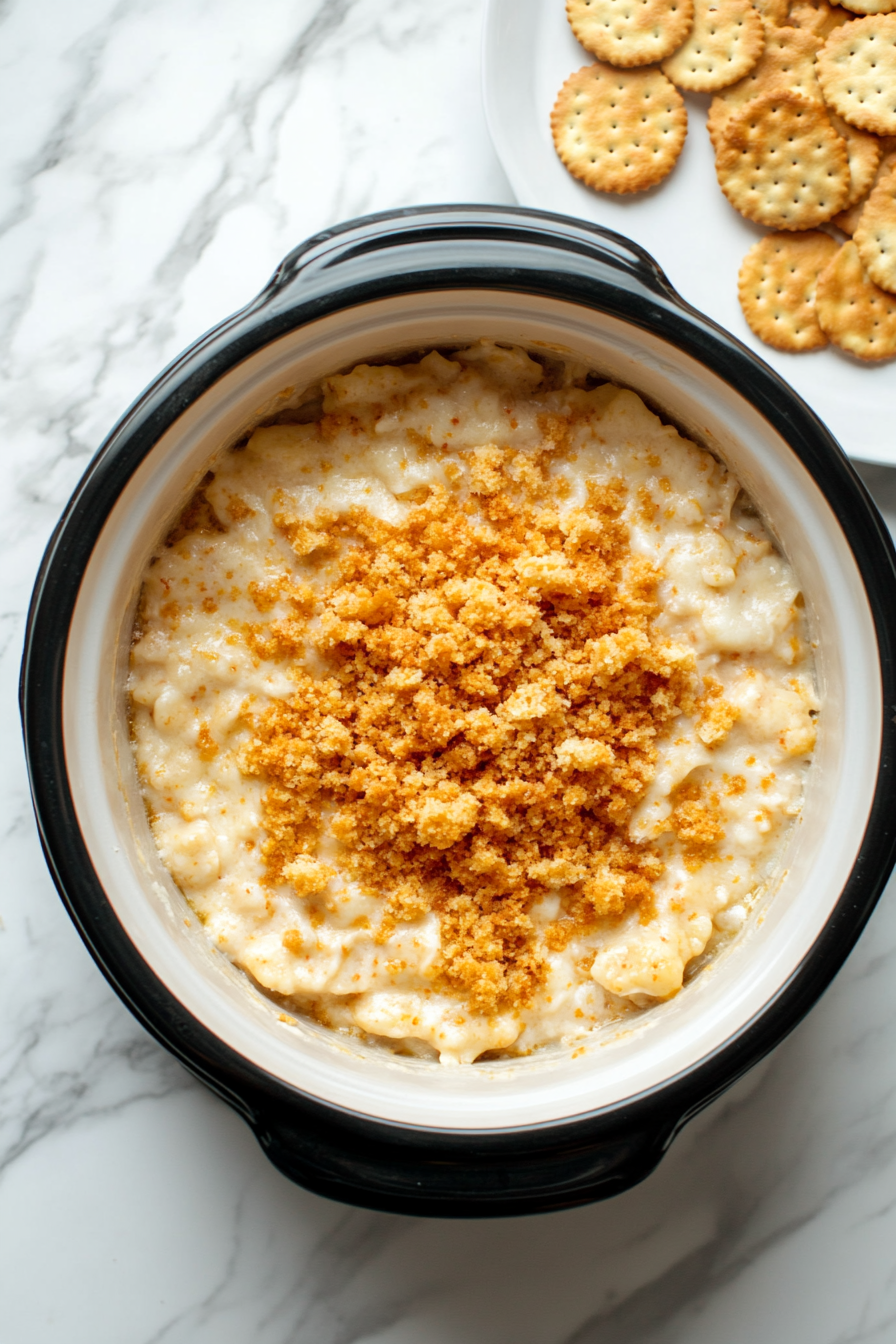 A top-down view of the slow cooker on the white marble cooktop background after the cooking process is complete. The mixture has been stirred and is ready to be topped with the remaining crushed cheese-flavored crackers. The scene shows the crackers being evenly sprinkled over the top of the cooked dish, creating a crunchy layer, focusing on the final topping before serving.