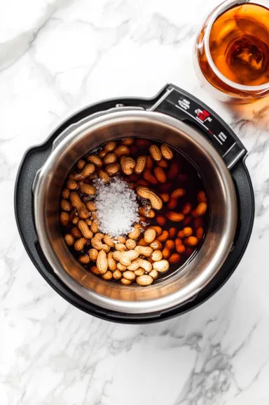 Top-down view of peanuts, water, salt, and liquid smoke being added to the Instant Pot. The ingredients are being stirred before sealing the lid.