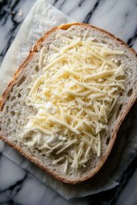 Top-down view of a bread slice with cream cheese, topped with shredded Monterey Jack cheese and sliced smoked Gouda.