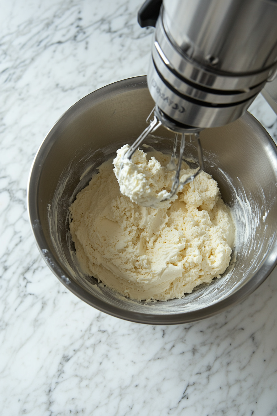 Top-down view of a stand mixer as flour mixture and buttermilk are alternately added to the batter, blending into a smooth consistency.