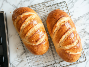 Top-down view of two golden loaves of bread cooling on a wire rack on the white marble countertop. The loaves have a beautiful golden crust, and the scene highlights the cooling process before slicing and serving.