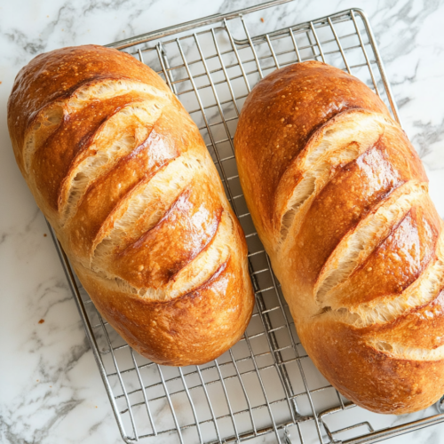 Top-down view of two golden loaves of bread cooling on a wire rack on the white marble countertop. The loaves have a beautiful golden crust, and the scene highlights the cooling process before slicing and serving.