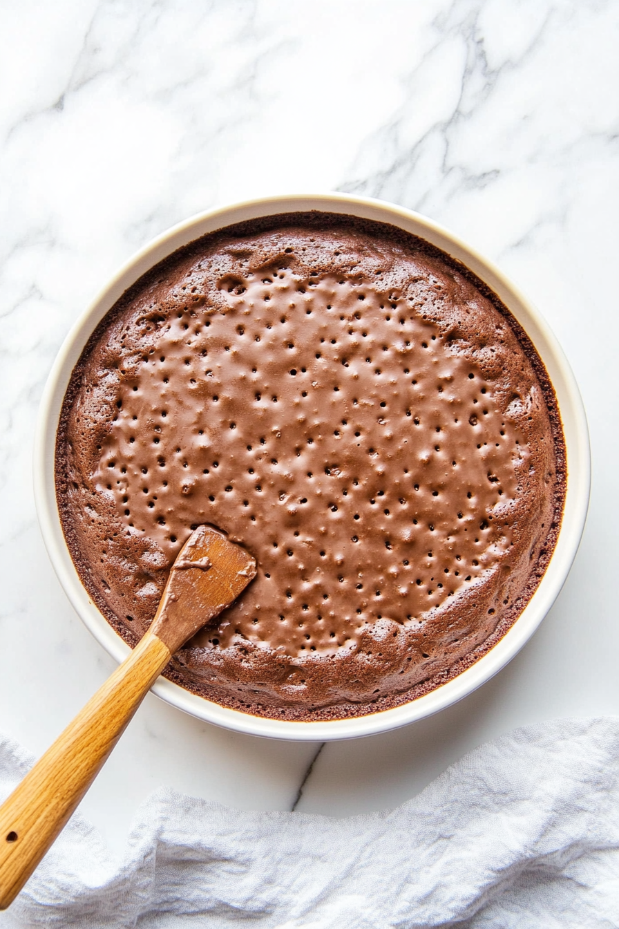 Top-down view of a 13 x 9-inch dish on a white marble cooktop. Half of the crushed Oreo cookies form the bottom layer, with a creamy pudding filling poured over it. The remaining crushed Oreos are sprinkled on top, forming a dirt-like topping for the graveyard cake