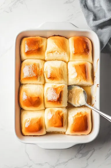 A top-down view of a greased 9x9-inch baking dish with the bottom halves of sweet rolls placed evenly. Horseradish sauce is being spread on the cut sides of the rolls, highlighting the assembly process.