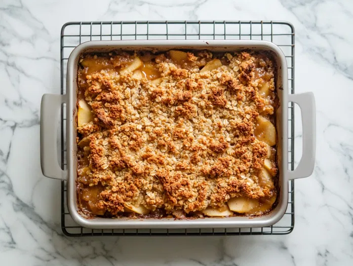 Top-down view of the golden-brown apple crisp fresh out of the oven, cooling on a wire rack with bubbling edges and a crispy oat topping.