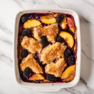 Top-down view of the finished peach and blackberry cobbler, golden brown and bubbly, cooling on a rack after being freshly baked.