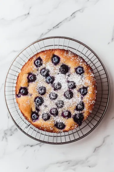 Top-down view of the baked blueberry cake, golden and slightly raised, cooling on a wire rack with a light sprinkle of sugar on top.