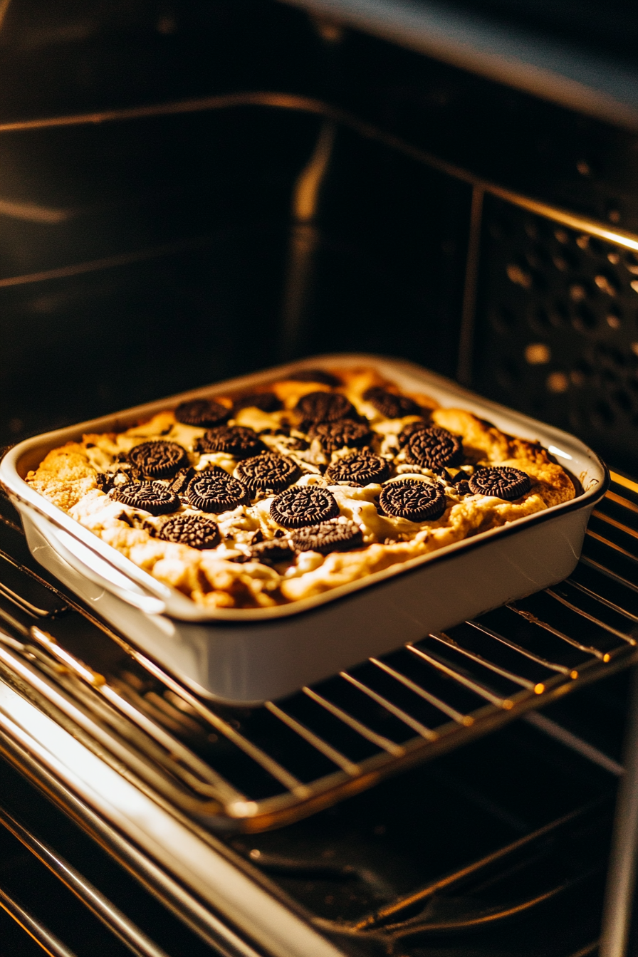 Top-down view of the oven with the baking dish on the middle rack. The dessert is baking at 350°F, with the top turning slightly golden, capturing the baking process