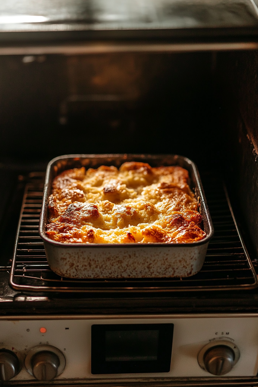 Top-down view of the oven with the bread pudding baking on the middle rack. The golden-brown top is starting to form, with the oven rack and controls visible.