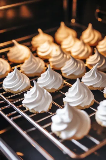 Top-down view of meringue cookies slowly baking in the oven set to 225°F.