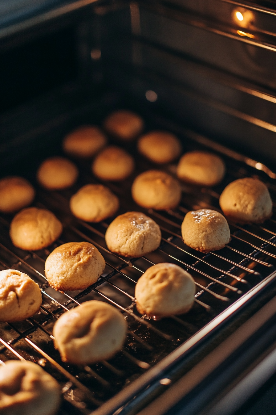 Top-down view of dough balls baking in the oven at 350°F, with a timer set for 10-12 minutes.