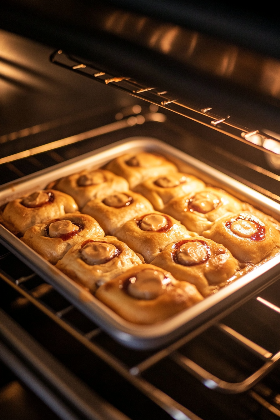 Top-down view of peanut butter and jelly rolls baking in the oven, turning golden brown and soft in texture.