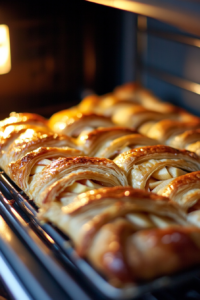 Top-down view of the puff pastry braid in the oven, turning golden brown as it bakes. The layers are puffing up around the apple filling, nearing the end of baking.