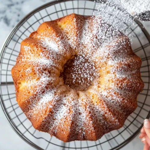 Top-down view of the baked banana nut Bundt cake being flipped onto a wire rack after cooling. The cake is golden brown, with a domed top, and is being dusted with powdered sugar for an optional finishing touch, ready to be served