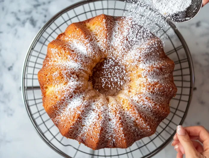 Top-down view of the baked banana nut Bundt cake being flipped onto a wire rack after cooling. The cake is golden brown, with a domed top, and is being dusted with powdered sugar for an optional finishing touch, ready to be served