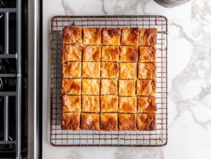 A top-down view of the baked dessert cooling on a wire rack on a clean kitchen countertop. The dessert is cooling completely before being cut into squares and served.