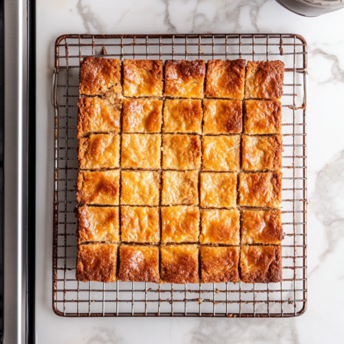 A top-down view of the baked dessert cooling on a wire rack on a clean kitchen countertop. The dessert is cooling completely before being cut into squares and served.