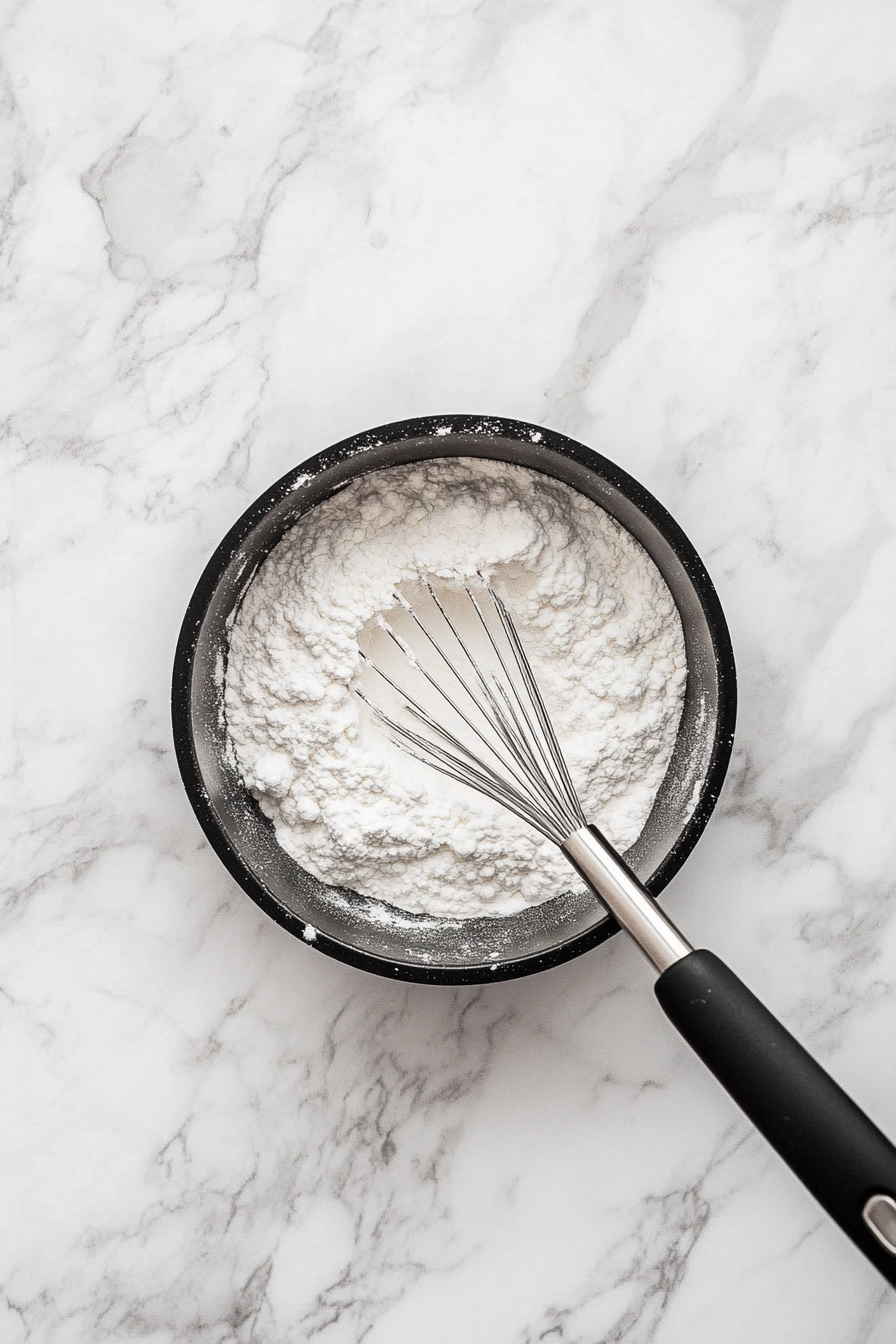 Top-down view of a small saucepan placed on a white marble cooktop. Granulated sugar and cornstarch are being whisked together, creating a fine powdery mixture that serves as the dry base for the raspberry sauce.