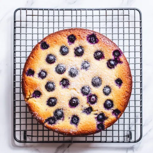 Top-down view of the baked blueberry cake, golden and slightly raised, cooling on a wire rack with a light sprinkle of sugar on top.