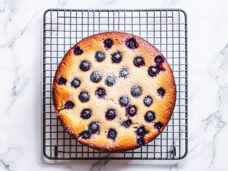 Top-down view of the baked blueberry cake, golden and slightly raised, cooling on a wire rack with a light sprinkle of sugar on top.