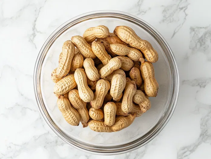 Top-down view of drained boiled peanuts served in a large bowl, ready to eat.