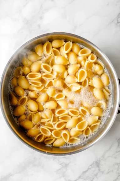 Top-down view of shell pasta boiling in a large pot of salted water on a white marble cooktop, with steam rising from the pot as the pasta nears al dente.