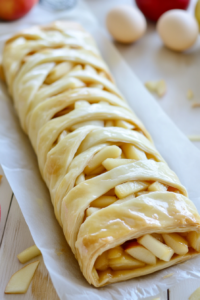 Top-down view of a puff pastry being braided over the apple filling. The strips are alternately folded over each other, creating a neat braid, ready for the egg wash.