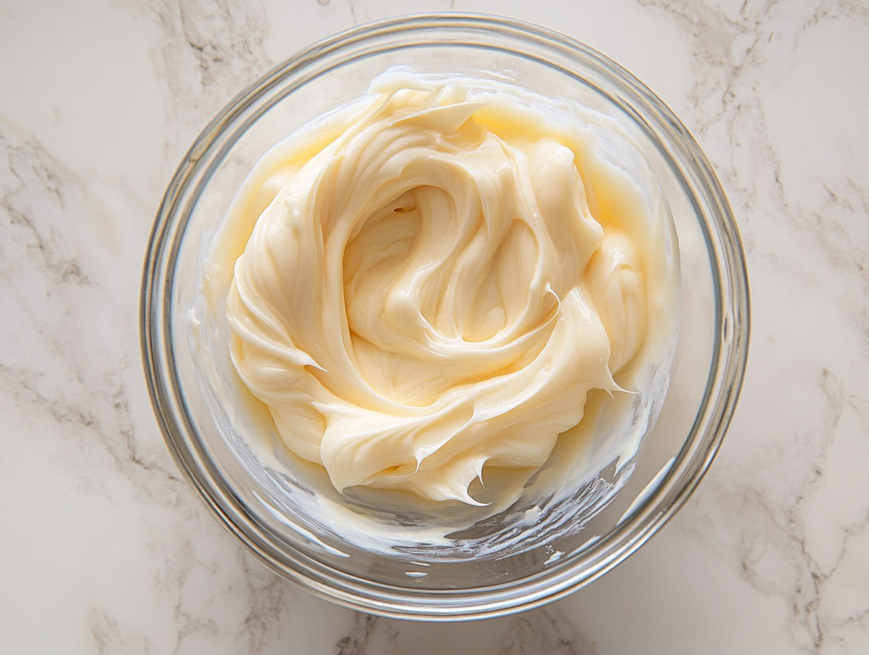 Top-down view of the mixing bowl as the frosting consistency is managed and adjusted and cheese glaze is ready to be used.