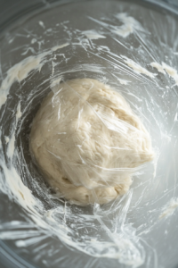 Top-down view of dough covered with plastic wrap, placed in the refrigerator to chill for 30 minutes.