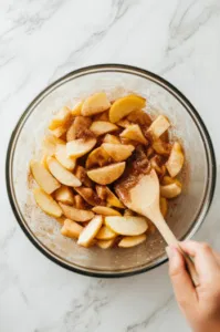 Top-down view of a large bowl with apple slices being tossed in brown sugar and cinnamon, mixed with a wooden spoon.