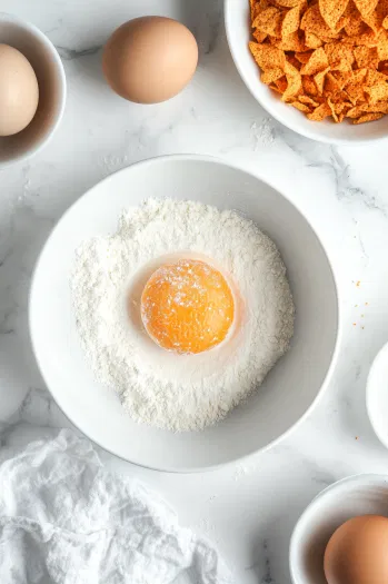 Top-down view of a Babybel being dipped into a bowl of flour, followed by a bowl of beaten eggs, and then rolled in crushed Spicy Tapatio Doritos. The bowls are arranged on a white marble countertop.