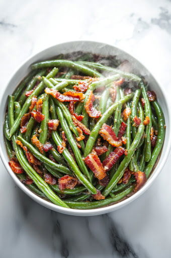 This image shows the green beans being seasoned with salt and pepper, served hot and ready to enjoy.