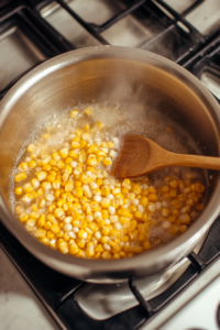 Top-down view of a pot on a stovetop filled with water and a package of frozen corn cooking. Steam is rising from the pot as a wooden spoon stirs the corn, ensuring even cooking. The white marble cooktop serves as the background.