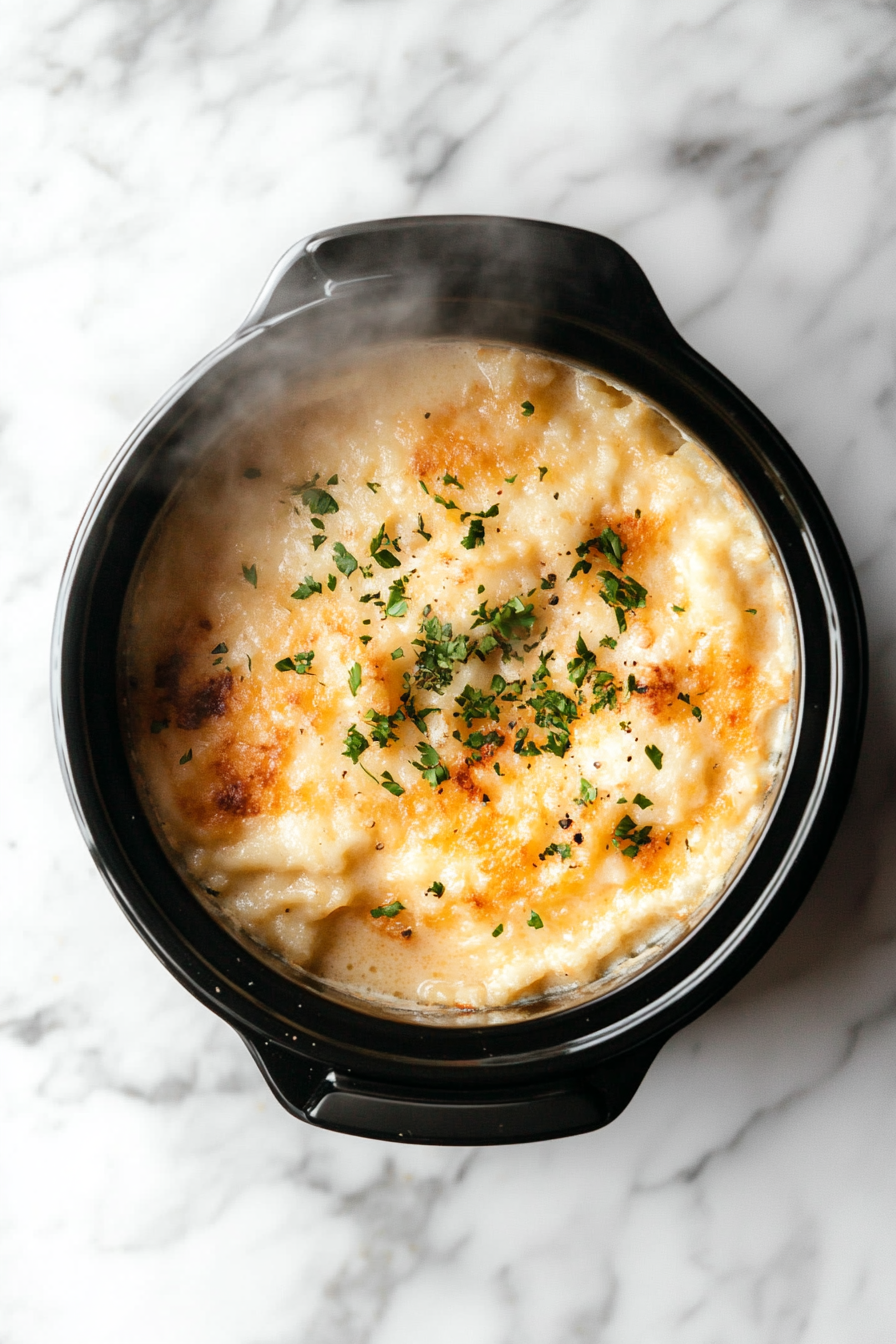 A top-down view of the slow cooker in the middle of the cooking process on the white marble cooktop background. The lid has been lifted slightly to show the creamy hash brown mixture cooking inside, with steam rising from the dish. The mixture is being stirred occasionally to ensure even cooking, focusing on the progress of the dish as it cooks and thickens.