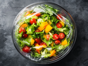 A top-down view of the bowl with the finished salad, covered with plastic wrap and placed in the refrigerator. The scene shows the salad ready to chill, ensuring the flavors meld together before serving.