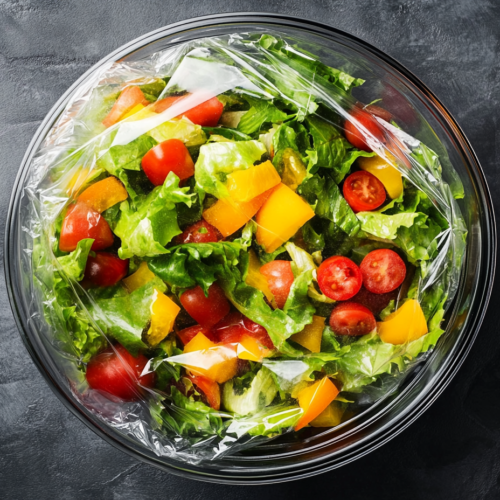 A top-down view of the bowl with the finished salad, covered with plastic wrap and placed in the refrigerator. The scene shows the salad ready to chill, ensuring the flavors meld together before serving.