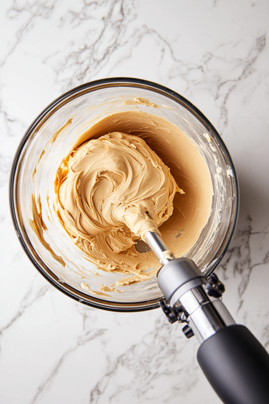 Top-down view of butter and peanut butter being creamed in a stand mixer, with sugar gradually added, creating a smooth, creamy mixture.