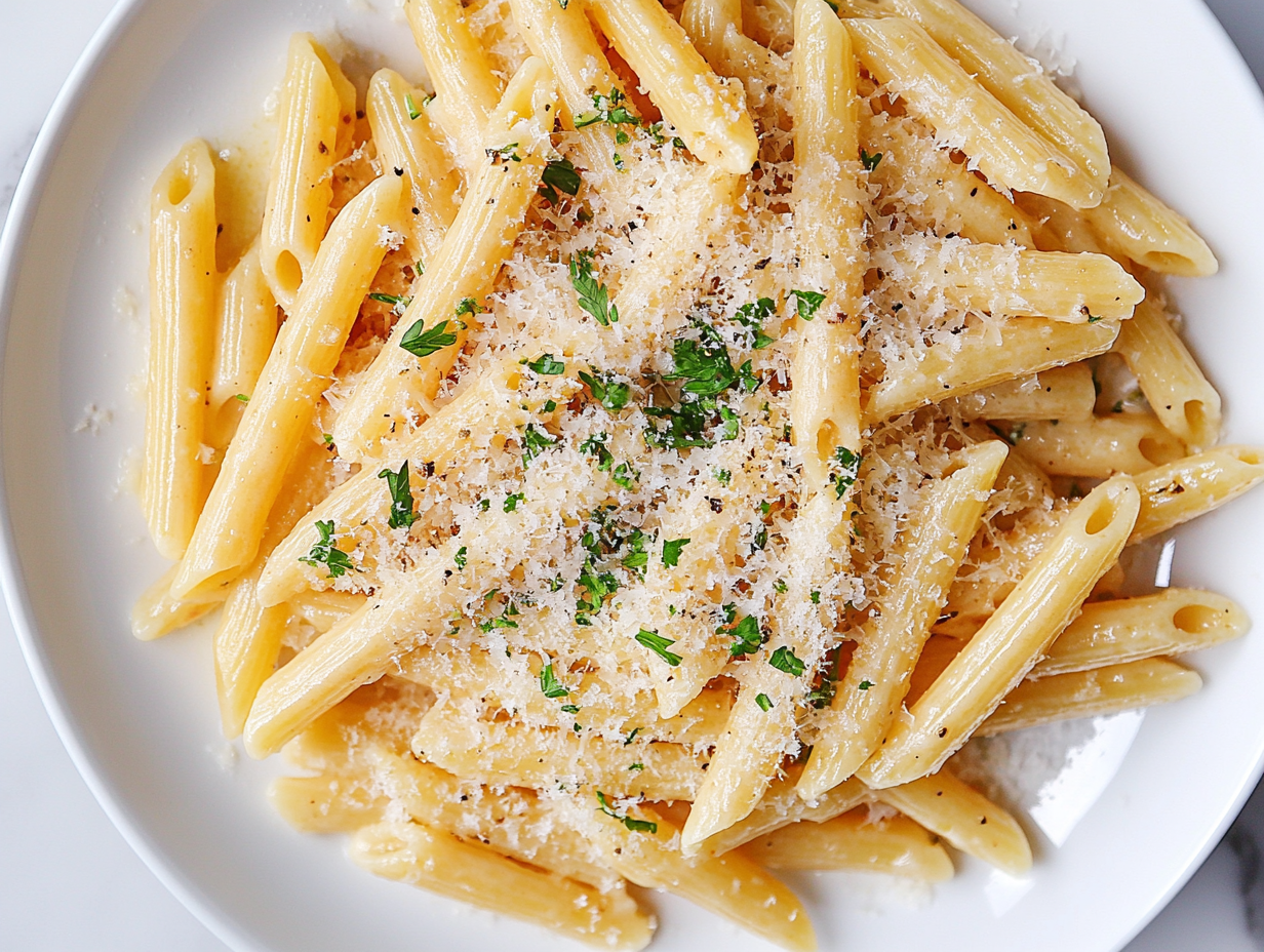 Top-down view of a plate of penne pasta in Parmesan garlic sauce, garnished with parsley flakes and grated Parmesan cheese. The simple, clean presentation is ready to be enjoyed on a white marble cooktop.