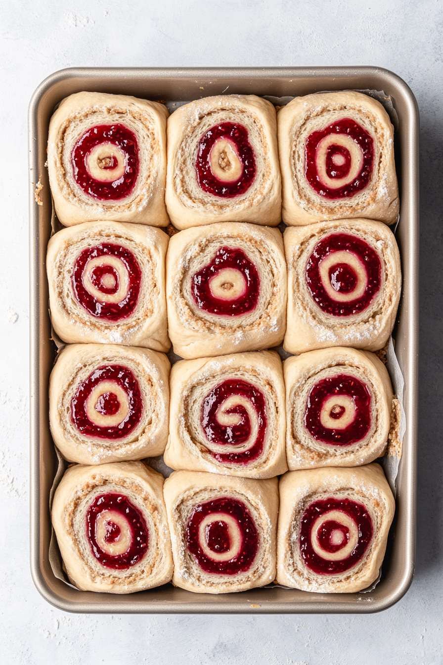 Top-down view of sliced peanut butter and jelly rolls being placed into a greased baking pan, showing the swirl of filling inside each roll.