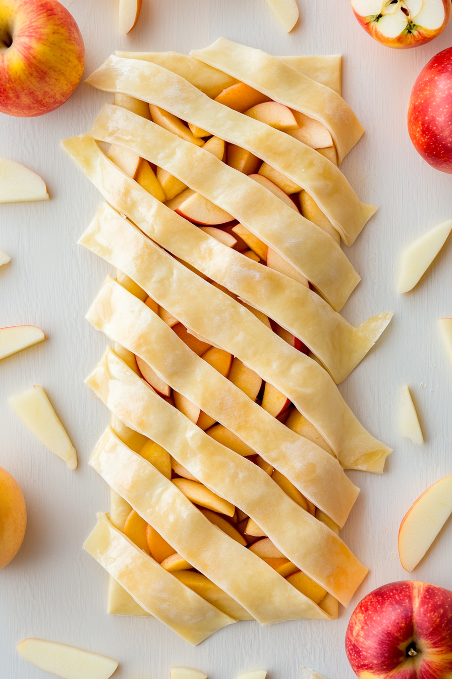 Top-down view of a puff pastry sheet as diagonal cuts are being made on both sides of the apple filling. The top and bottom flaps are trimmed, and the strips are ready for braiding.