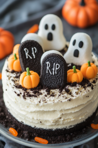 Top-down view of a decorated graveyard pudding cake. White chocolate-covered tombstone cookies are placed into the Oreo topping, and candy corn and pumpkins are arranged around the tombstones.